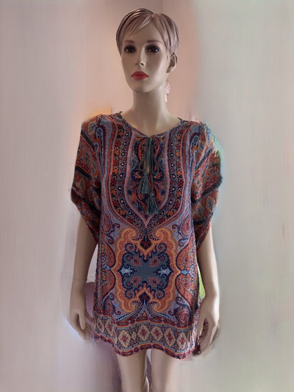 Tolani Boho Silk Tunic Dress Top Paisley Print with Tassles Size XS
